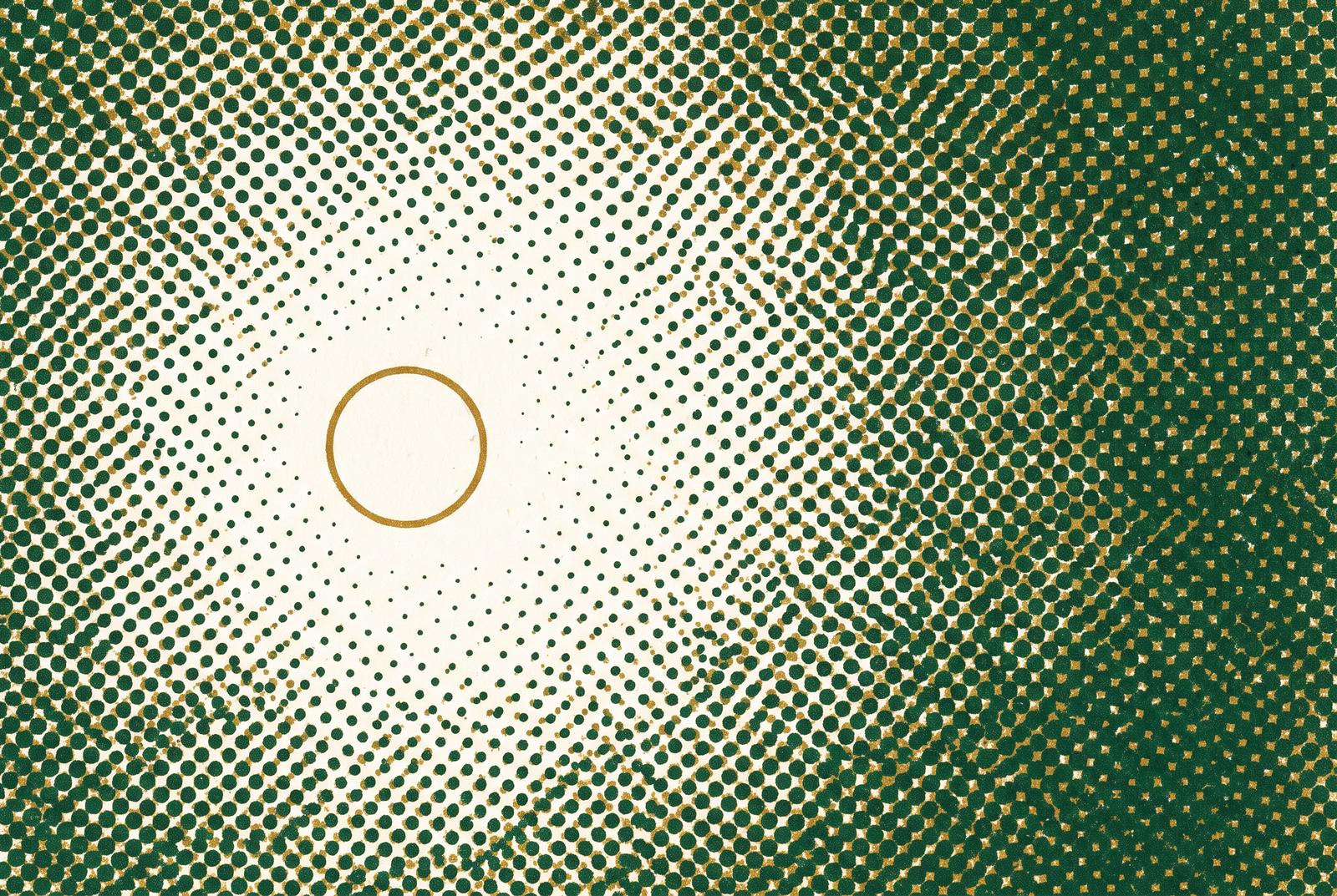 Editorial illustration: a dense deep green halftone field thinning toward a small pale clearing marked by a thin gold ring.