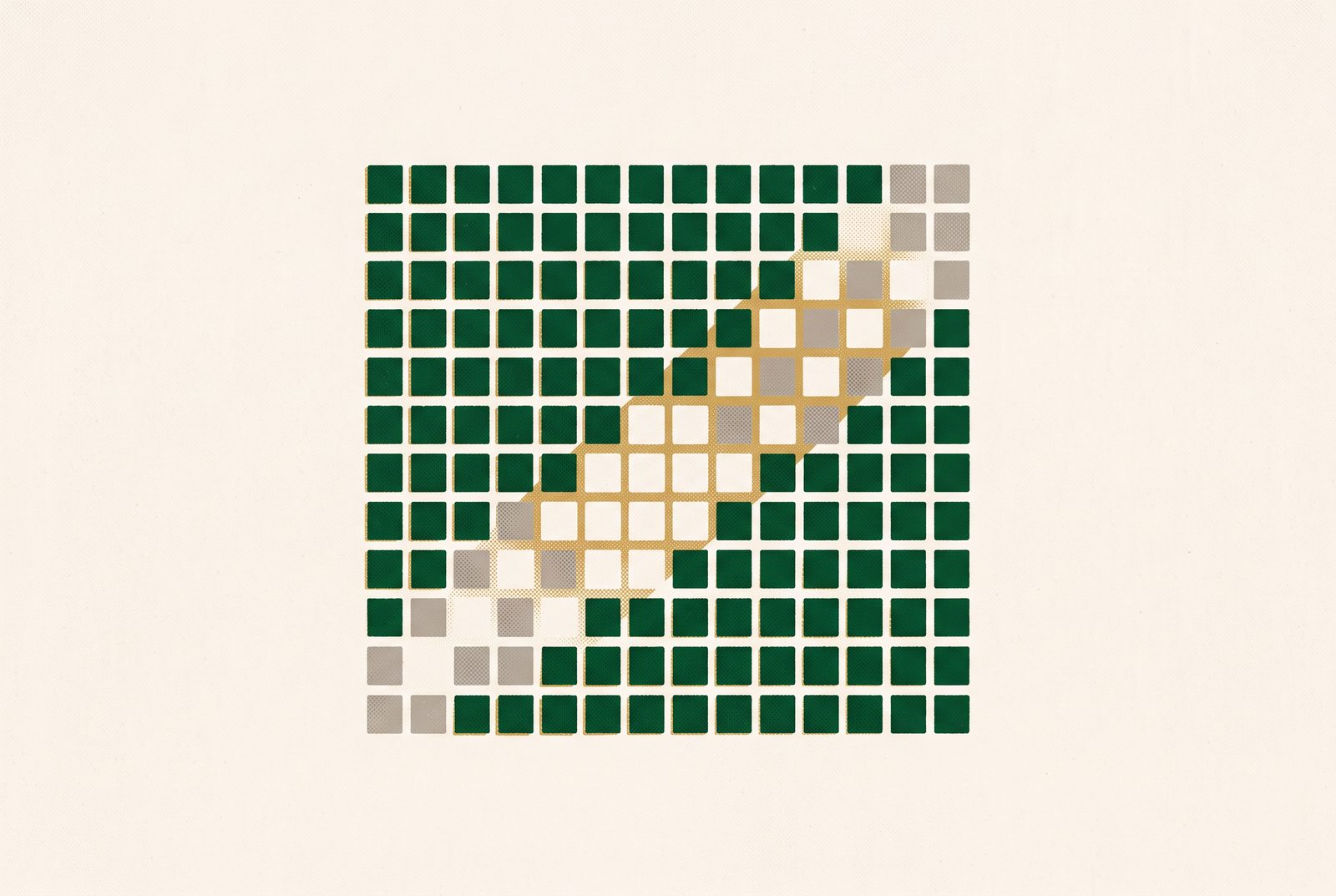Redaktionell illustration: ett rutnät av gröna rutor där en diagonal remsa av rutorna har lyfts bort och lämnat tomt papper.
