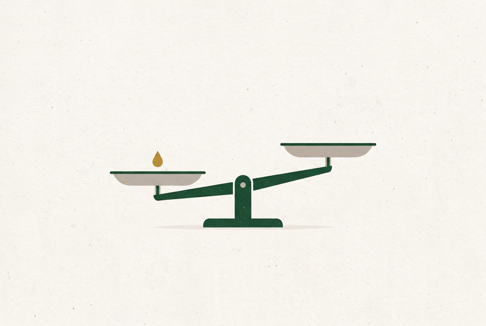 Editorial illustration: a two-pan balance scale where a single small droplet outweighs the empty pan.