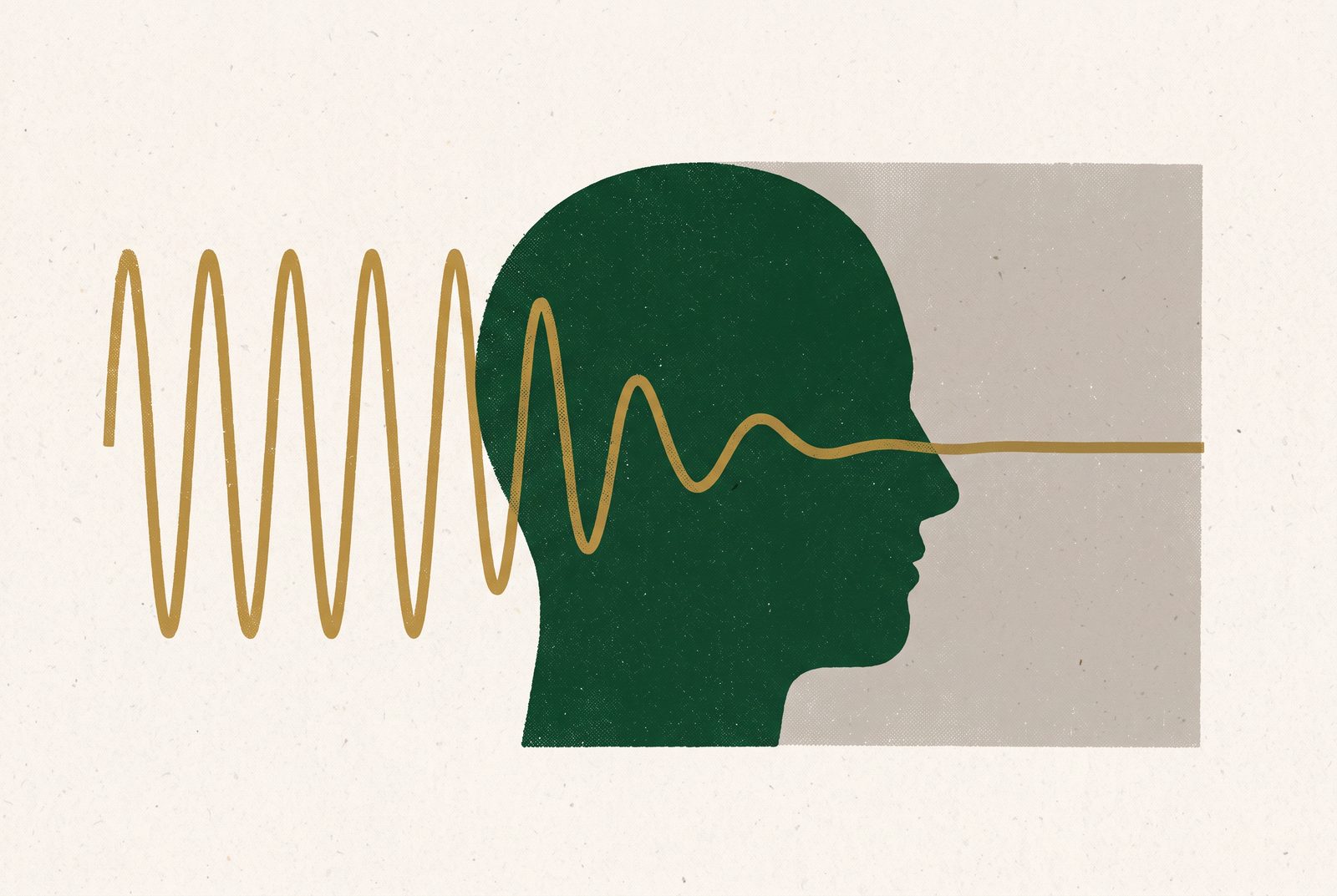 Editorial illustration: a green head in profile crossed by a wave whose amplitude flattens out toward the right.