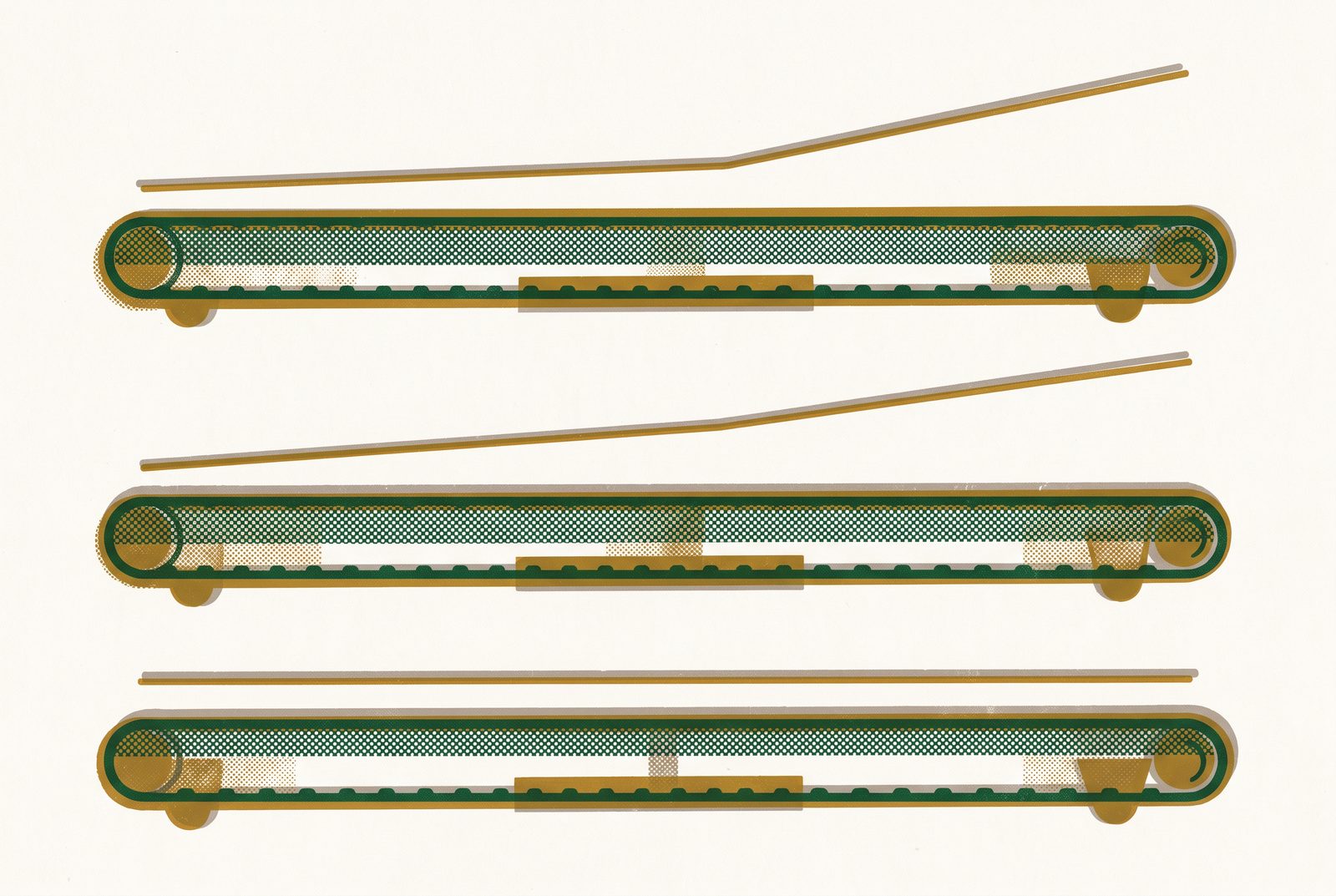 Editorial illustration: three treadmill belts stacked above one another. Above the top two a line rises toward the right, above the bottom one it runs level.