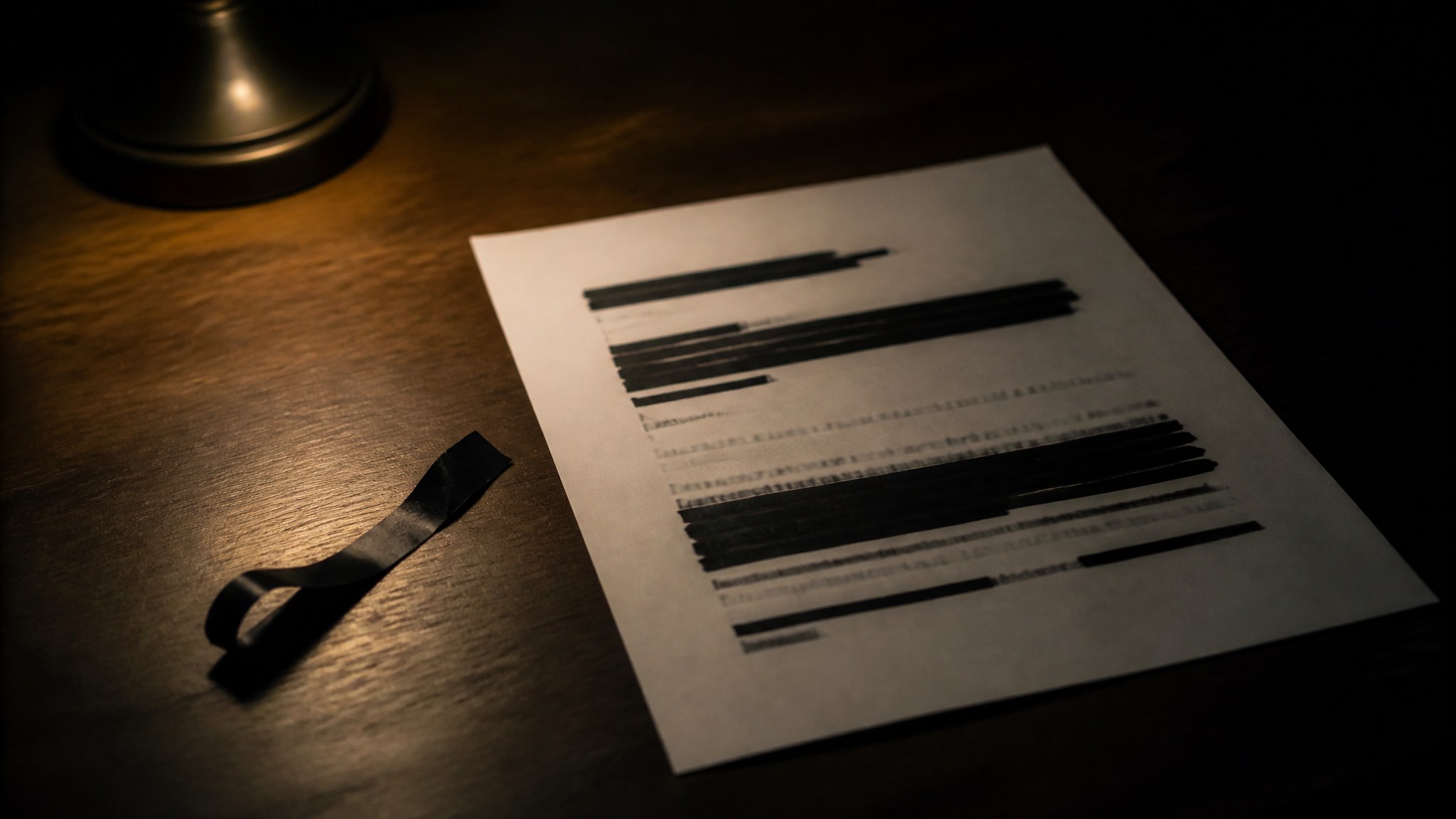 A sheet of paper on a dark desk under a lamp. A black redaction strip has come loose from the page and lies curled beside it.