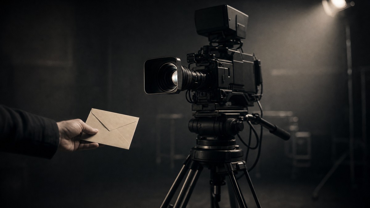 En professionell tv-kamera på stativ i en mörk studio. Platsen bakom kameran är tom, och ur skuggan i bildkanten sträcks en anonym hand fram med ett omärkt kuvert.