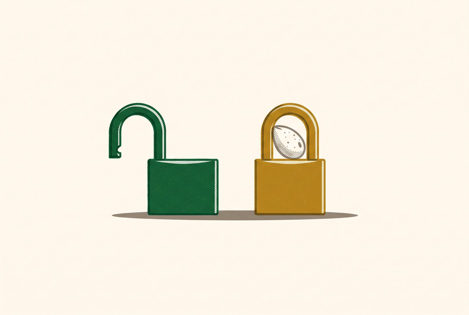 Editorial illustration: two padlocks side by side. The green one on the left stands open, the gold one on the right is locked with a single small seed trapped inside its shackle.