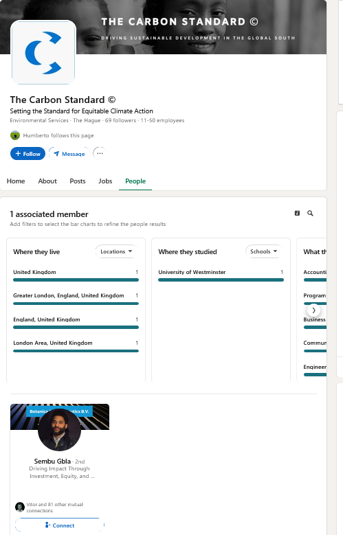 Skärmavbildning av The Carbon Standards LinkedIn-sida: rubriken anger 11–50 anställda i Haag, medan medlemsfliken visar en enda associerad medlem.
