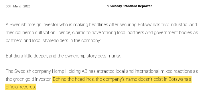 Skärmavbildning av Sunday Standards artikel den 30 mars 2026. Meningen ”Behind the headlines, the company's name doesn't exist in Botswana's official records” är gulmarkerad.