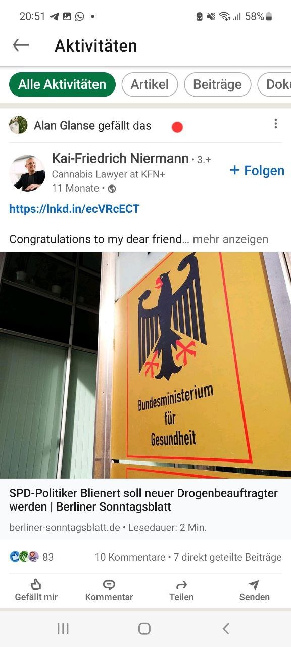 Screenshot of LinkedIn. Kai-Friedrich Niermann, Cannabis Lawyer at KFN+, has shared an article headlined SPD-Politiker Blienert soll neuer Drogenbeauftragter werden, with the comment Congratulations to my dear friend. At the top it shows that Alan Glanse likes the post.