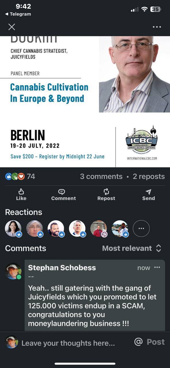Screenshot of a post with a speaker card. The card reads BOOKLIN, CHIEF CANNABIS STRATEGIST, JUICYFIELDS, panel member, Cannabis Cultivation In Europe and Beyond, Berlin 19 to 20 July 2022, with ICBC's logo. Below the post, an angry comment from a reader.
