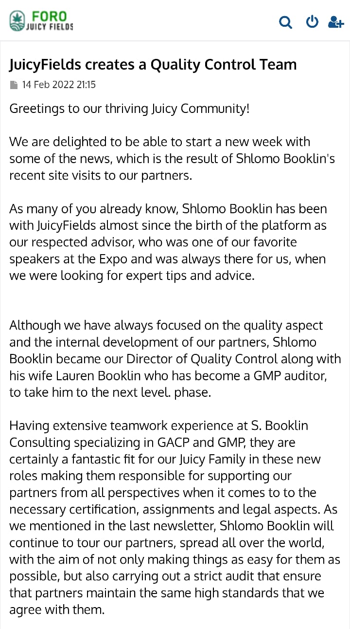 Screenshot of a post on JuicyFields' own forum, dated 14 February 2022, headlined JuicyFields creates a Quality Control Team, with a text about Shlomo and Lauren Booklin's new roles.