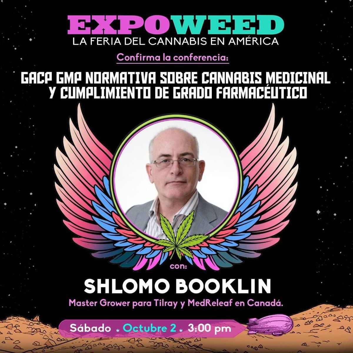 A poster for EXPOWEED with Shlomo Booklin's portrait in the centre, surrounded by wings and a cannabis leaf. The heading reads GACP GMP normativa sobre cannabis medicinal y cumplimiento de grado farmacéutico.