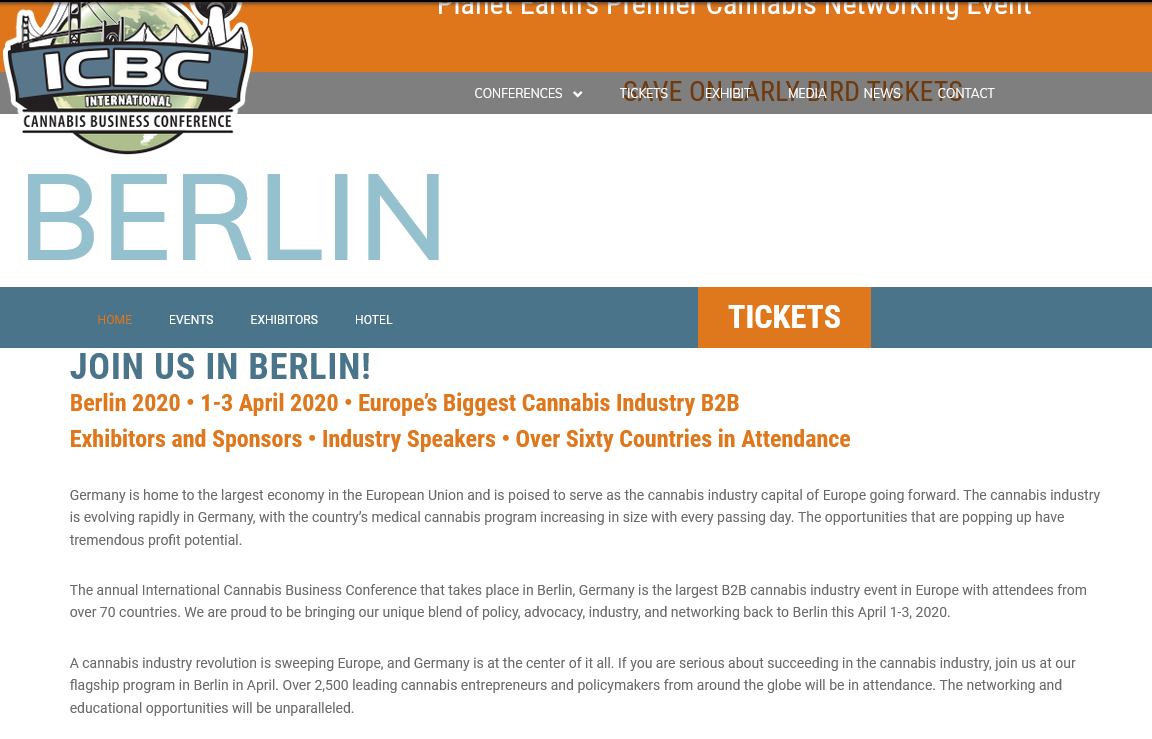 Screenshot of ICBC's own page for the Berlin conference, retrieved from the Internet Archive. Below the ICBC logo the heading reads JOIN US IN BERLIN, and beneath it the line Berlin 2020, 1-3 April 2020, Europe's Biggest Cannabis Industry B2B. The body text says the conference is coming back to Berlin this April 1-3, 2020.
