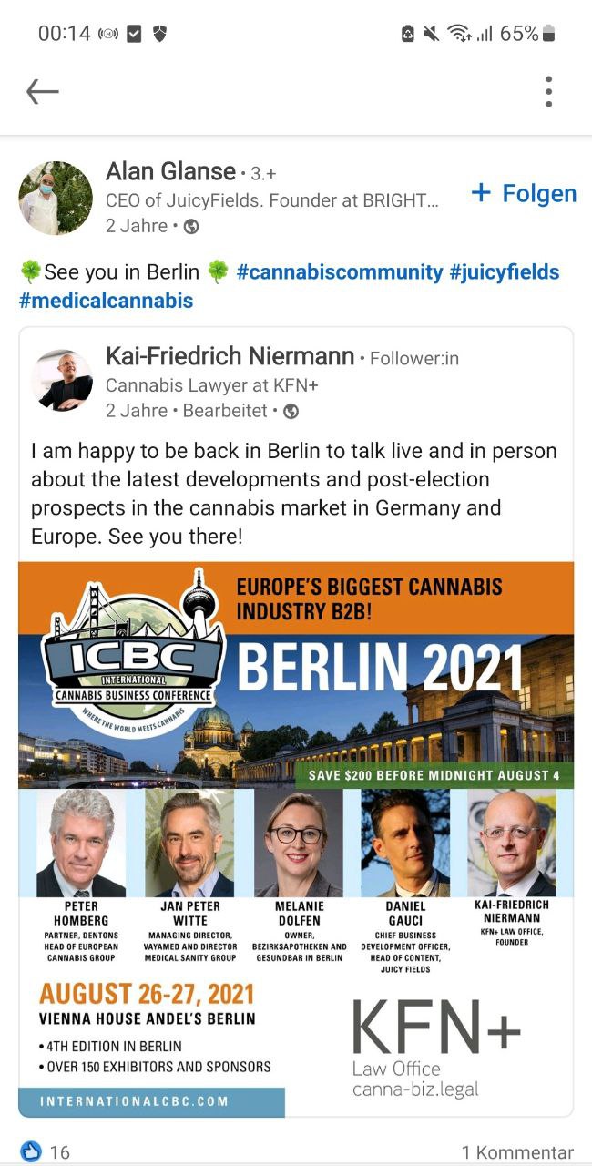 Speaker card from ICBC Berlin 2021. Five portraits in a row with names and titles: Peter Homberg of Dentons, Jan Peter Witte, Melanie Dolfen, Daniel Gauci of Juicy Fields, and Kai-Friedrich Niermann.