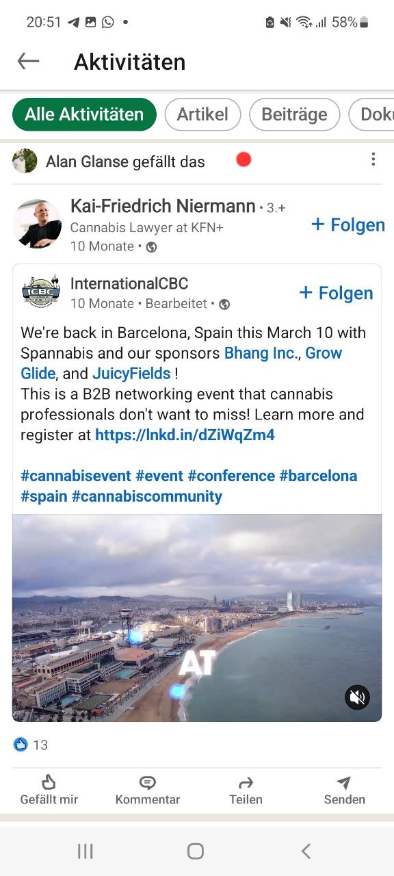 Screenshot of LinkedIn. ICBC's own post about returning to Barcelona together with its sponsors, naming JuicyFields. The post is shared by Kai-Friedrich Niermann and liked by Alan Glanz.