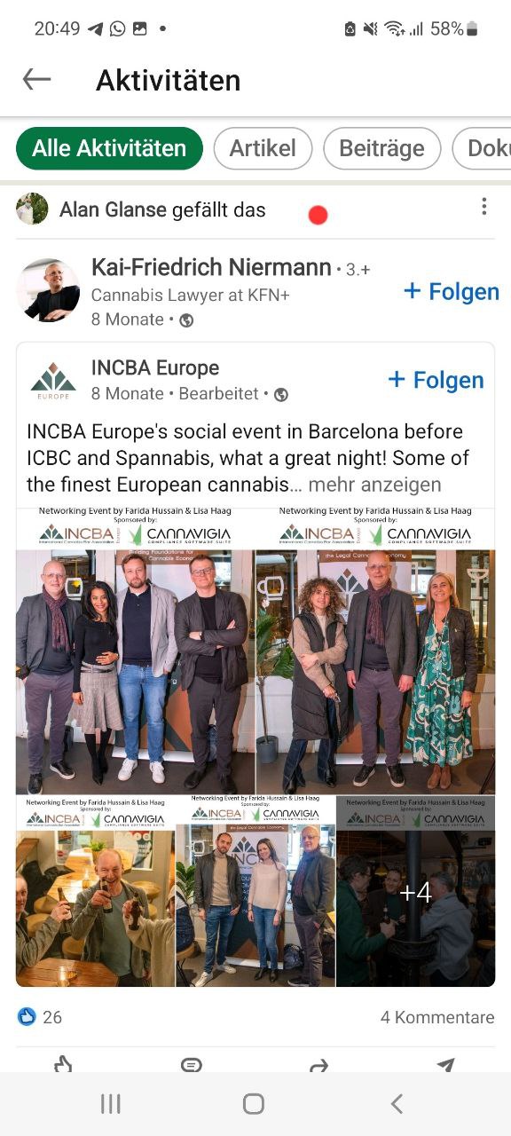 Screenshot of a LinkedIn post from INCBA Europe about a networking event in Barcelona. The images show banners reading Networking Event by Farida Hussain and Lisa Haag, Sponsored by INCBA Europe and CANNAVIGIA. At the top it shows that Alan Glanse likes the post.