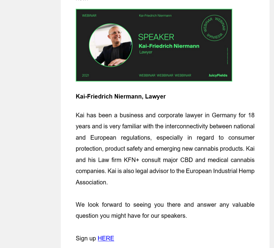 Screenshot of an email. Inside it a black speaker card with a green border reading WEBINAR and SPEAKER, Kai-Friedrich Niermann, Lawyer, with a portrait and the JuicyFields logo in the corner. Below the card, a text about his credentials.