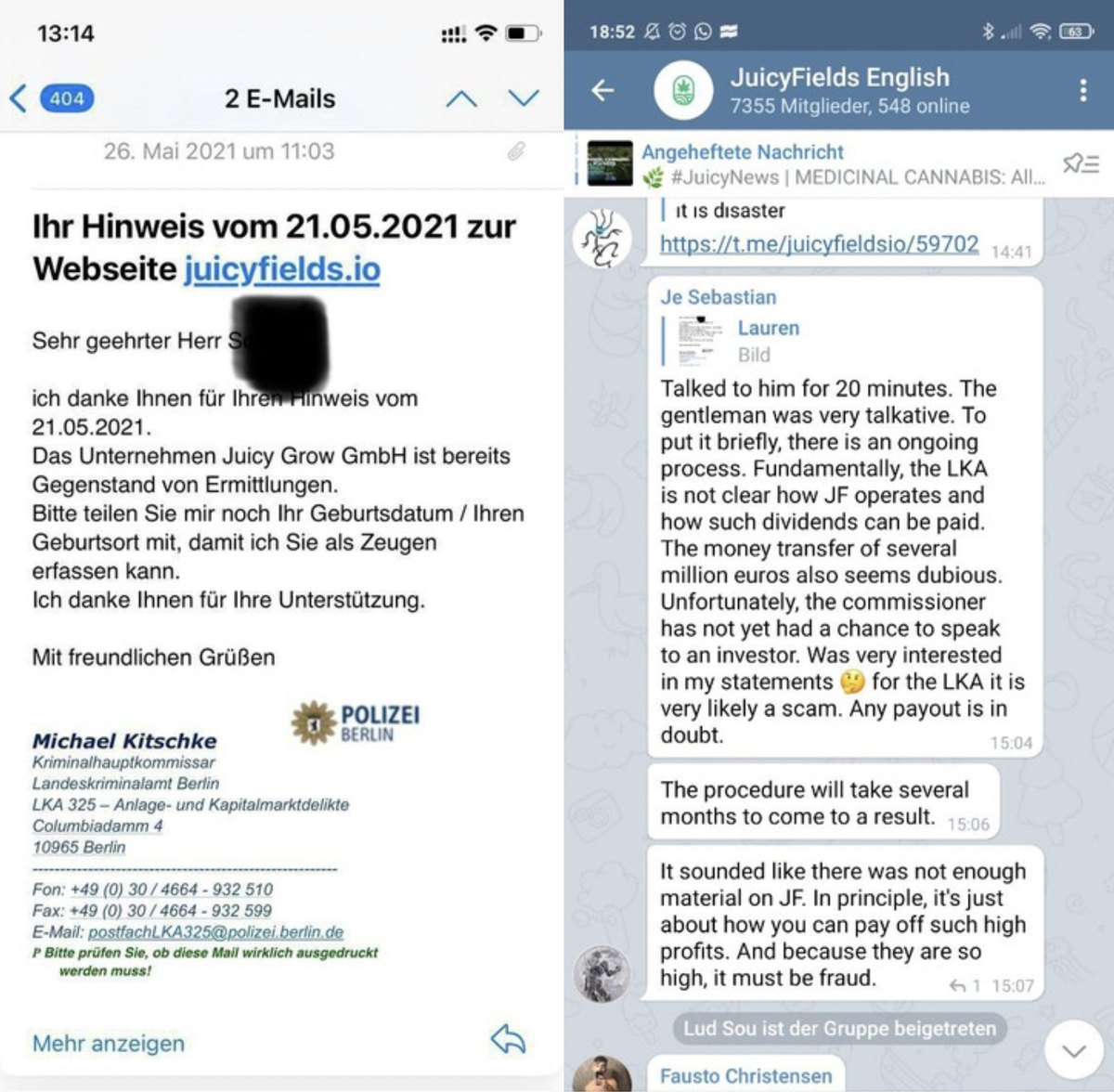 Two screenshots side by side. On the left an email from the Landeskriminalamt Berlin dated 26 May 2021. On the right a Telegram thread in the JuicyFields English group about a call with the same authority.