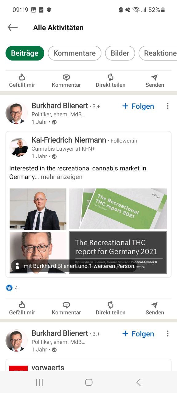 Screenshot of LinkedIn. Burkhard Blienert has shared a post by Kai-Friedrich Niermann, Cannabis Lawyer at KFN+, about The Recreational THC report for Germany 2021. The report cover reads By Burkhard Blienert, former MoP and Political Advisor, and Kai-Friedrich Niermann, KFN+ Law Office.
