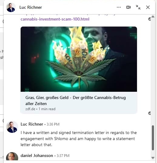 Screenshot of a LinkedIn message from Luc Richner at 15:36 in which he writes that he has a written and signed termination letter regarding the engagement with Shlomo and is happy to write a statement about it.