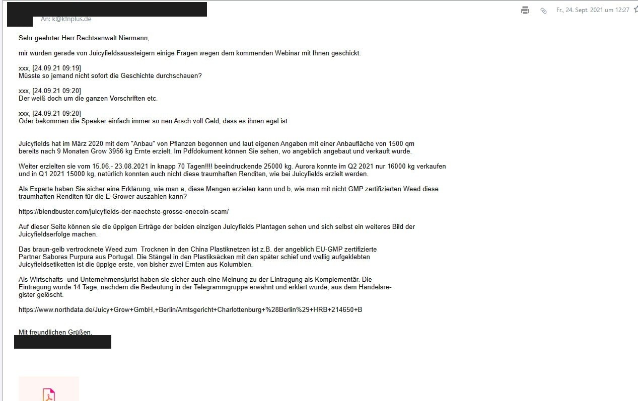 Screenshot of an email to k@kfnplus.de, timestamped Friday 24 September 2021 at 12:27. The sender's address and signature are blacked out. The letter is addressed to Herr Rechtsanwalt Niermann and contains an arithmetical example about cultivated volumes and two links.
