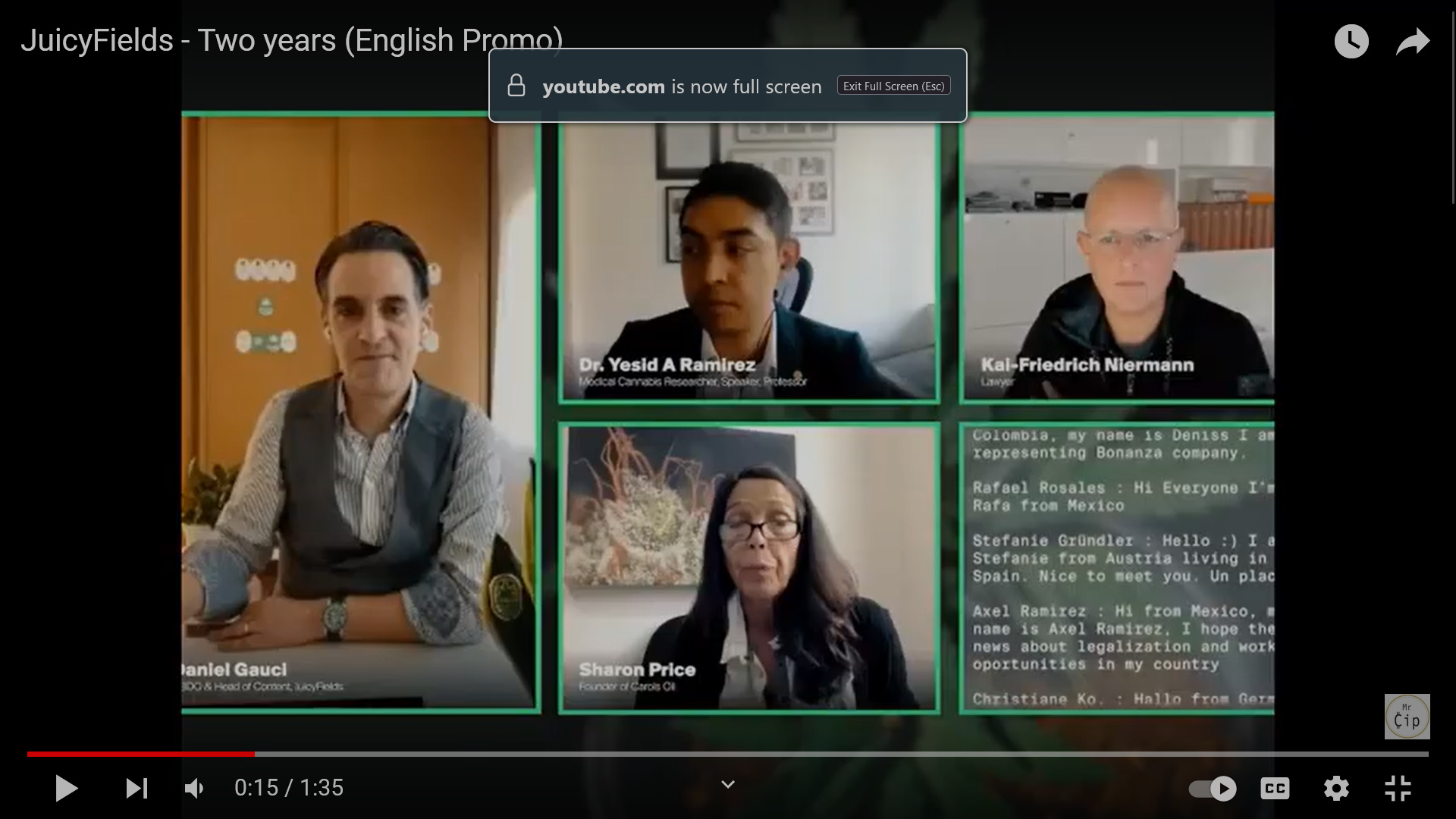 Still from JuicyFields' own promotional film. Four participant tiles in a video call, one of them labelled Kai-Friedrich Niermann, Lawyer. Beside it a chat scrolls with participants greeting from Colombia, Mexico and Austria.