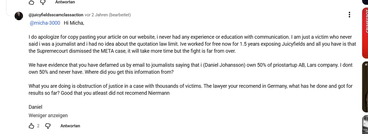 Screenshot of a YouTube comment from the account juicyfieldsscamclassaction, addressed to micha-3000. The comment contains both an apology for copying an article and a denial that the writer owns fifty per cent of Prio Startup AB.