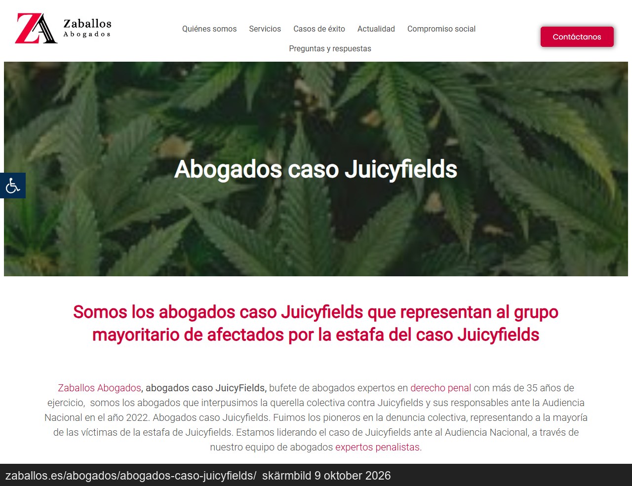 Screenshot of a law firm's web page with the heading Abogados caso Juicyfields.