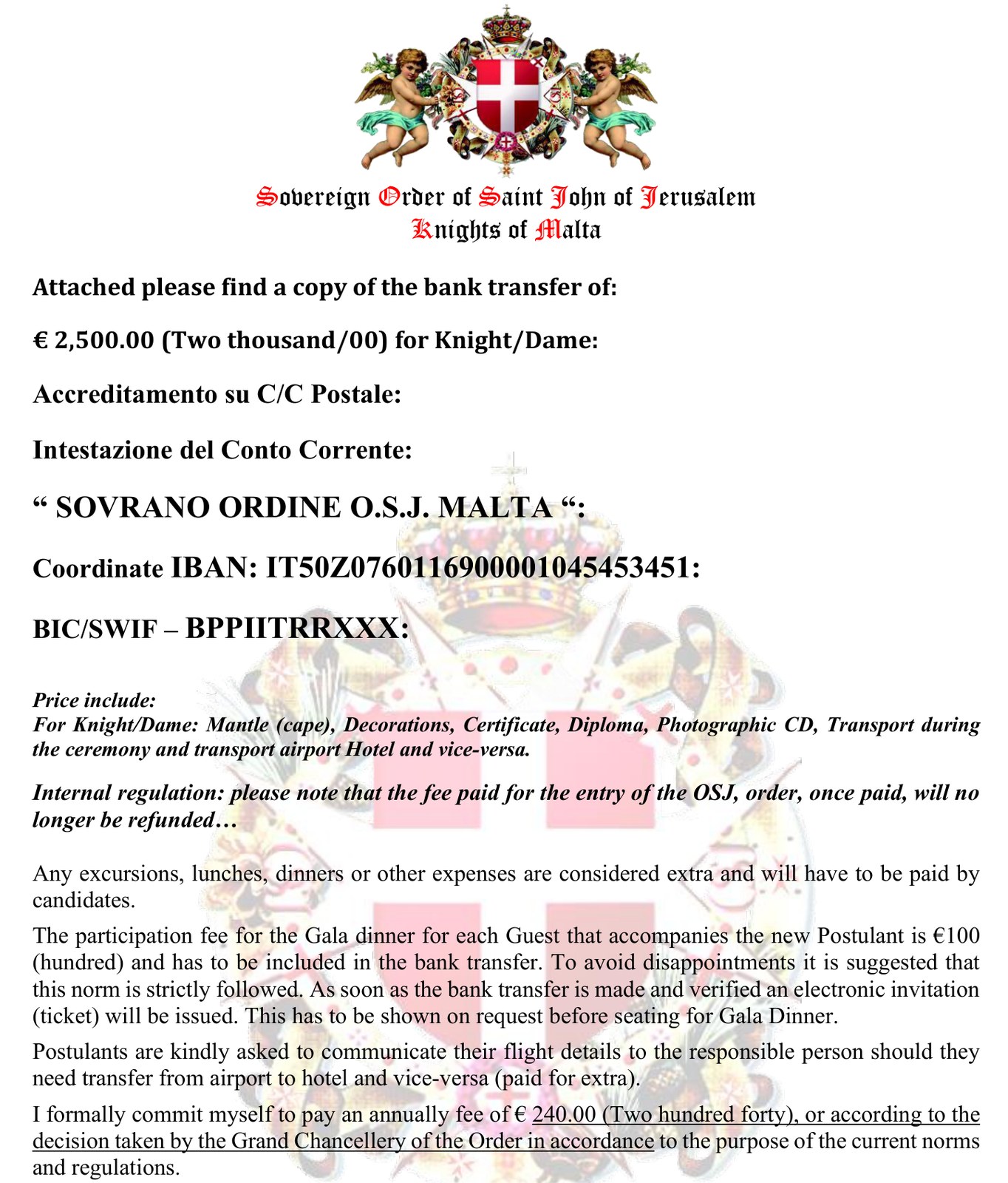 Extract from a form with the order's coat of arms, the amount 2,500 euro, an account name and an IBAN.