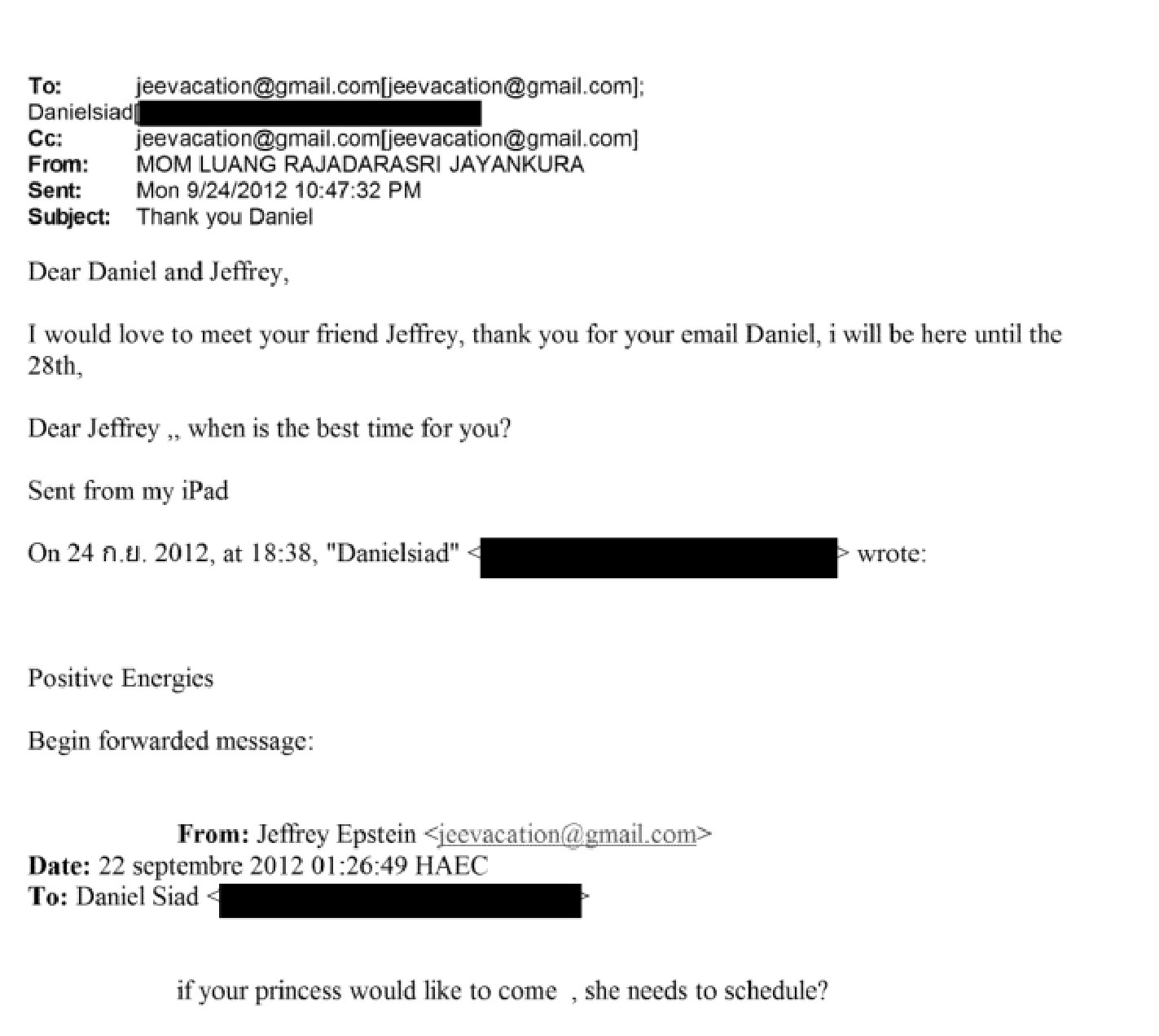 Screenshot of an email. Sender MOM LUANG RAJADARASRI JAYANKURA, recipient jeevacation@gmail.com, subject Thank you Daniel. Further down a forwarded email from Jeffrey Epstein.